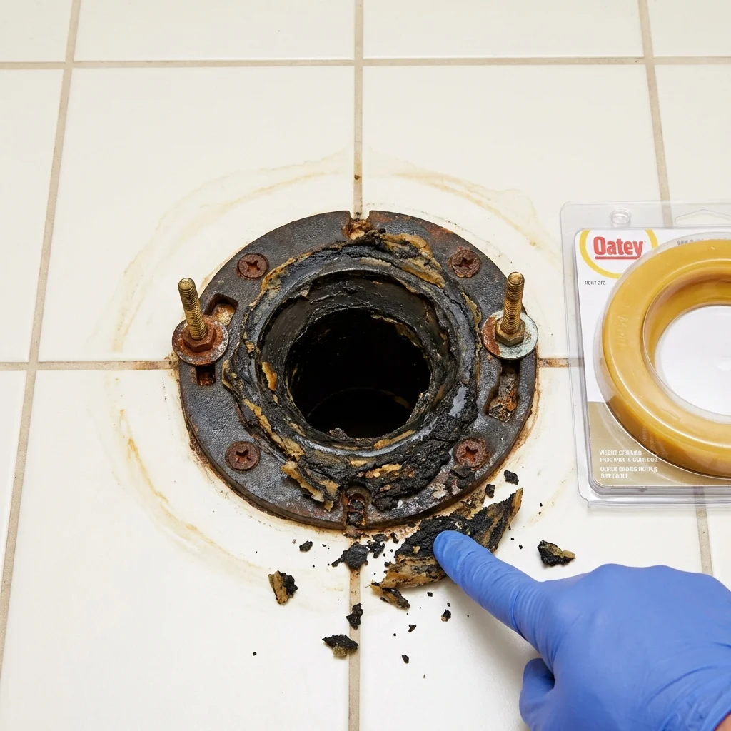Failed wax ring showing water seepage at the base of a toilet in a Monticello, IN home