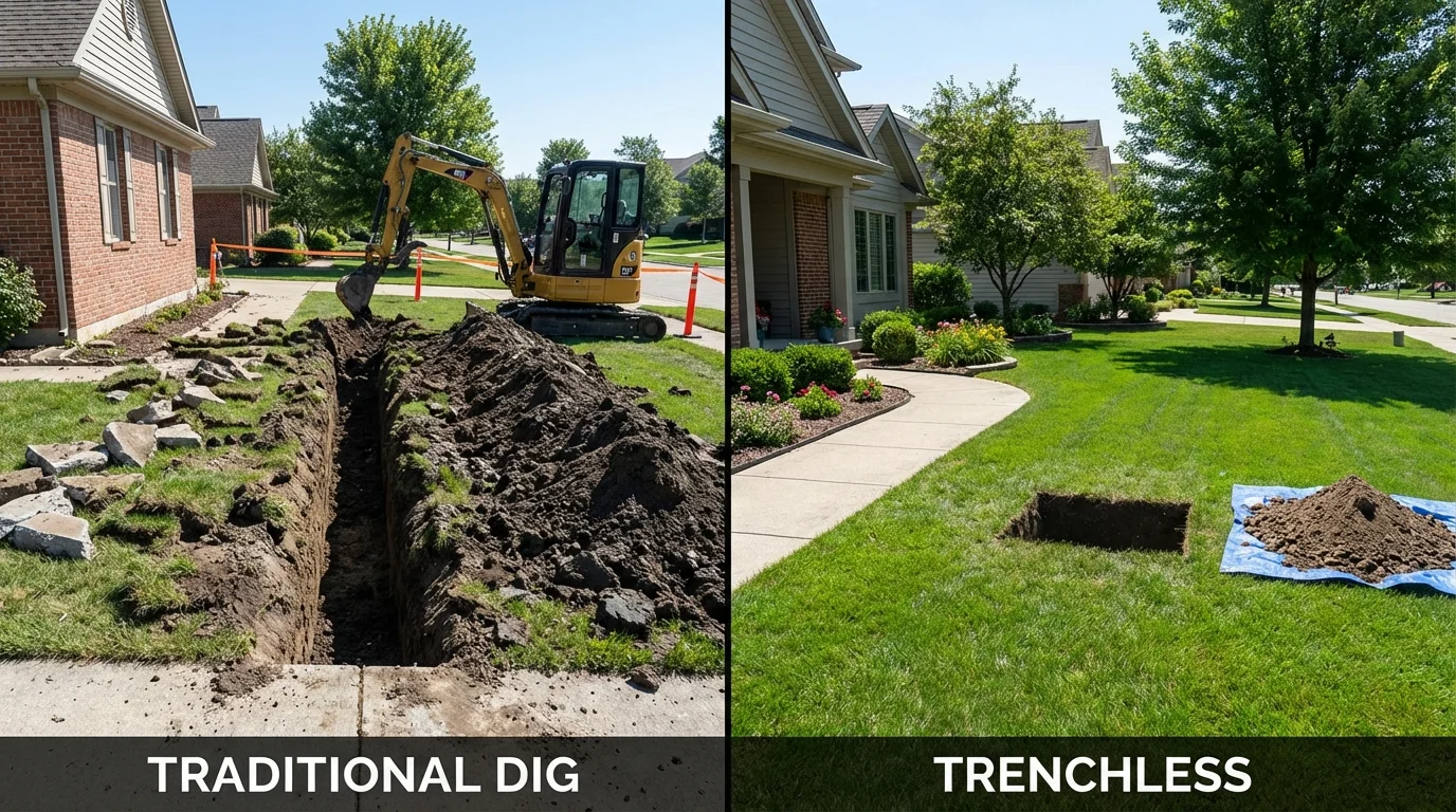 Trenchless sewer repair with minimal yard damage versus traditional excavation in Monticello, IN