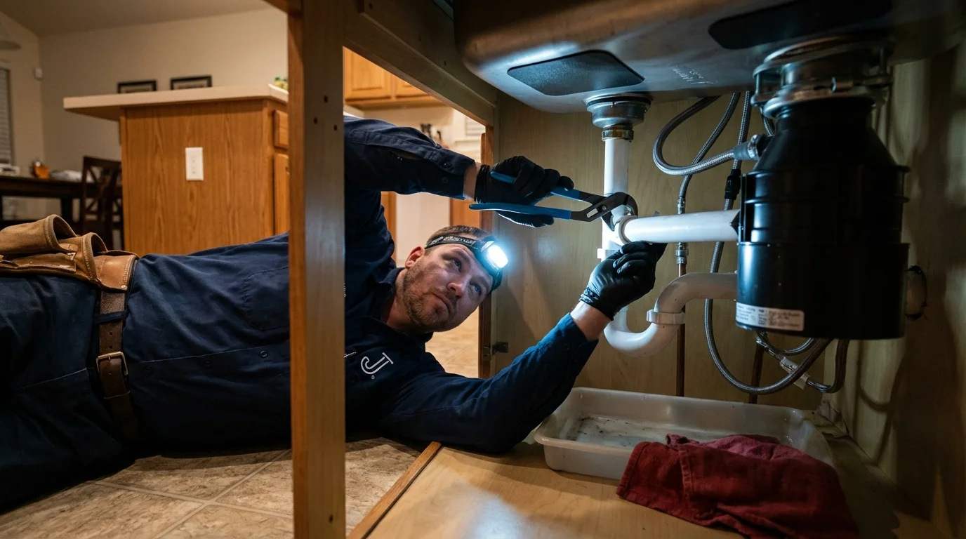 P-trap and supply line connections under a kitchen sink showing a common leak point in Monticello, IN